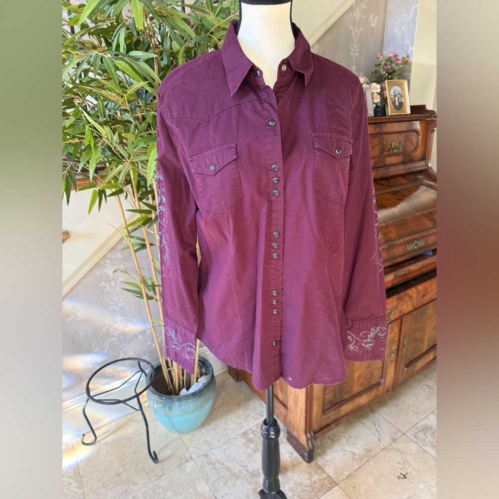 STETSON ladies western long sleeve blouse XL excellent condition burgundy - Picture 10 of 16